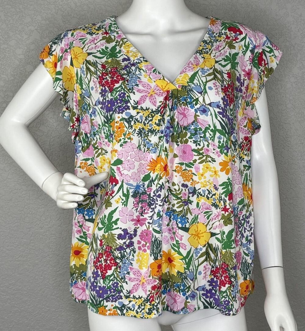 Cynthia Rowley Top Garden Floral Flutter Sleeve V-Neck Rayon Colorful Size 1X